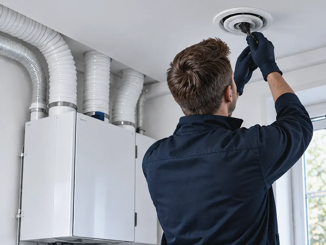 Techniker reinigt ein Deckenventil einer kontrollierten Wohnraumlüftung