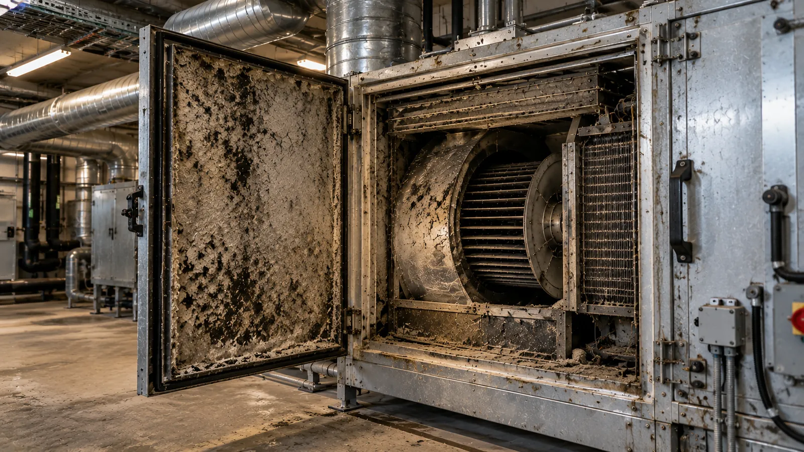 Vorher: verschmutztes RLT-Lüftungsgerät mit Staubablagerungen